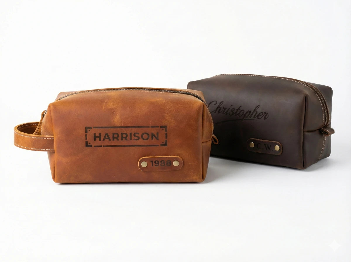 Personalized Toiletry Bag for Men – Genuine Leather Monogrammed Dopp Kit – Custom Travel Organizer & Gift for Him
