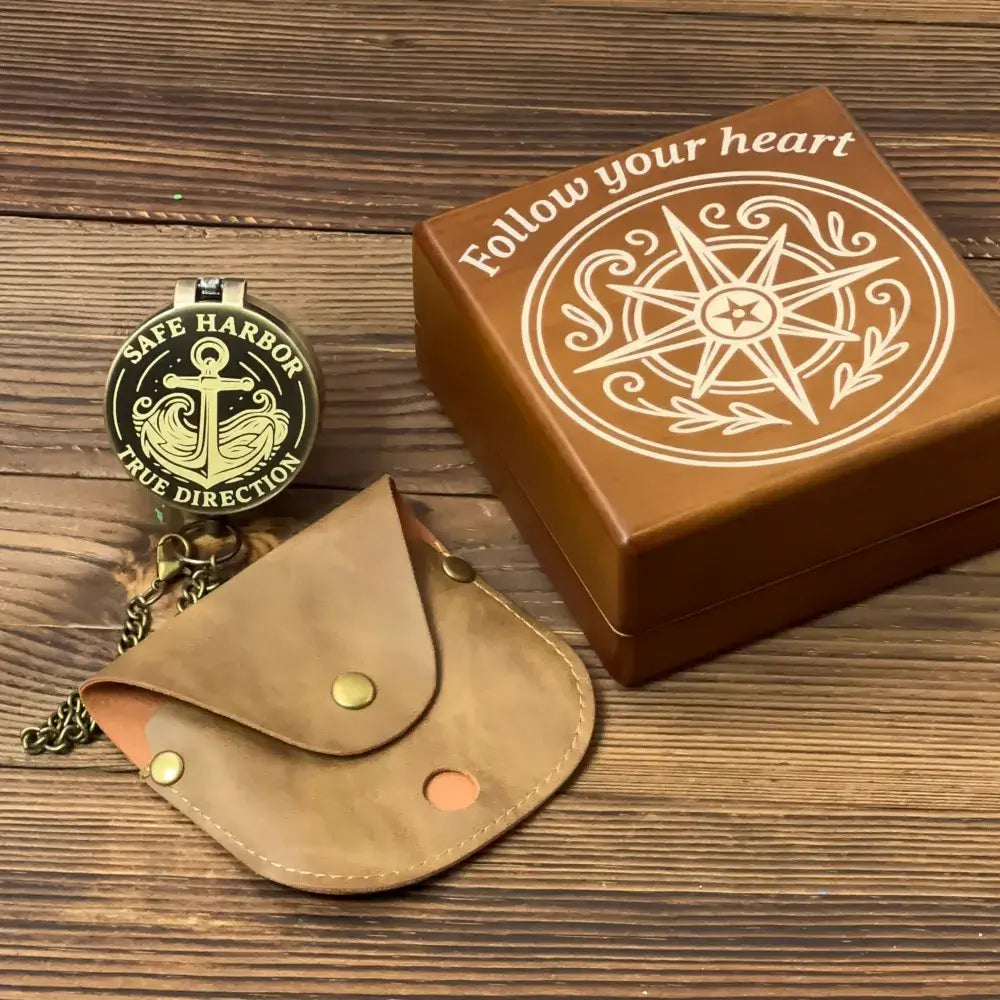 Personalized Anniversary Gift Brass Compass with Anchor Design – Engraved "Safe Harbor", Romantic Nautical Keepsake for Husband or Him