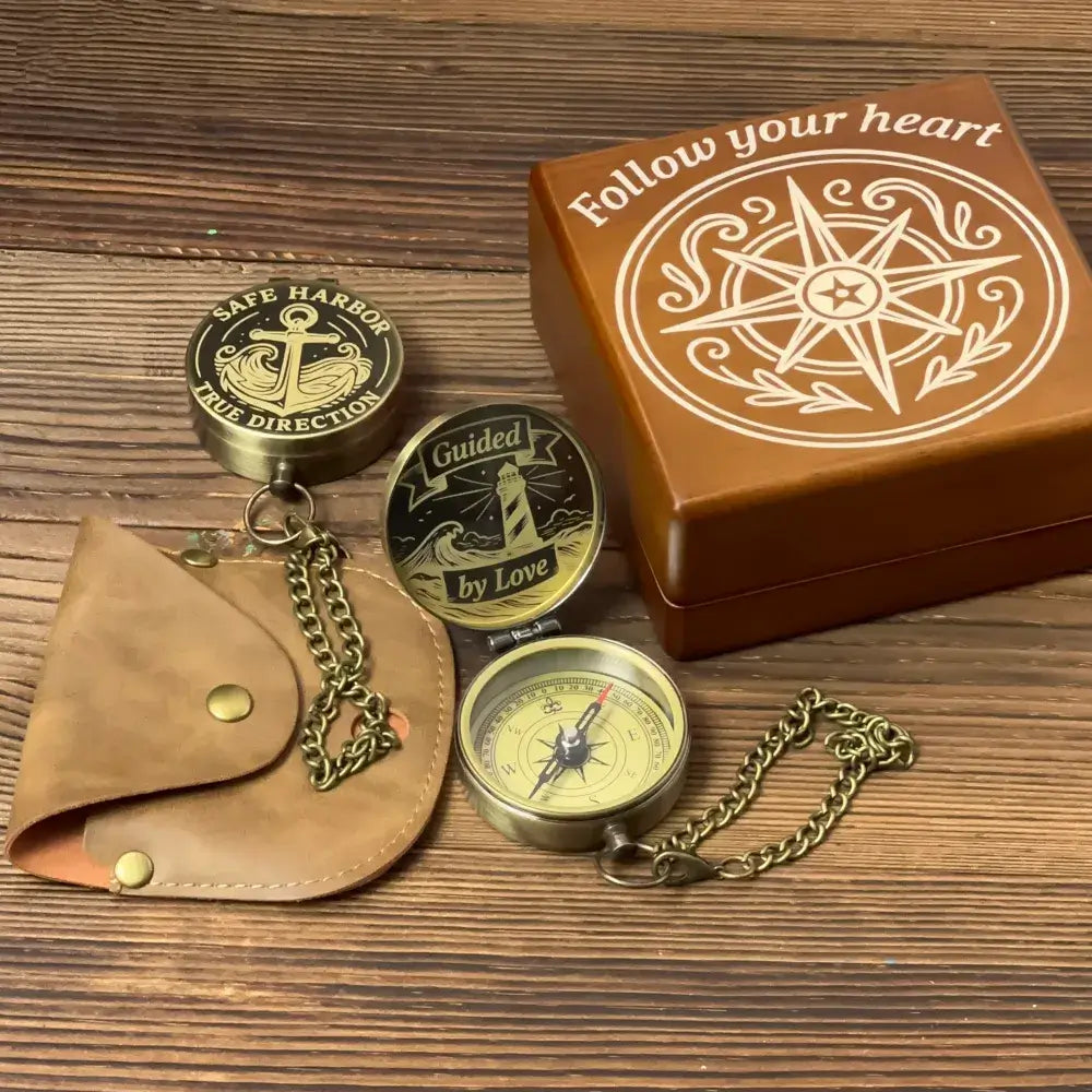 Personalized Anniversary Gift Brass Compass with Anchor Design – Engraved "Safe Harbor", Romantic Nautical Keepsake for Husband or Him