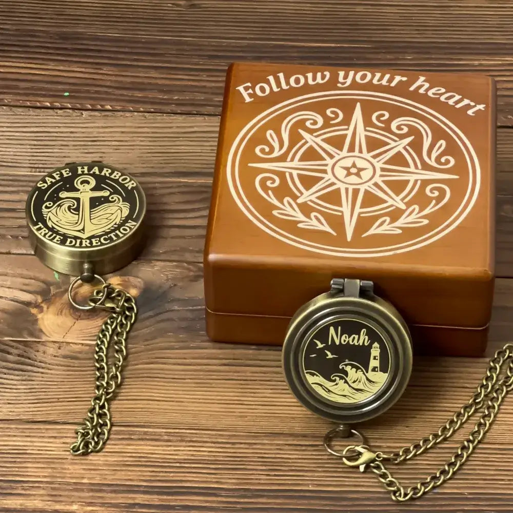 Personalized Anniversary Gift Brass Compass with Anchor Design – Engraved "Safe Harbor", Romantic Nautical Keepsake for Husband or Him