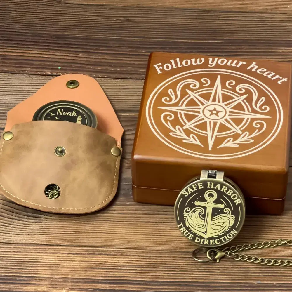 Personalized Anniversary Gift Brass Compass with Anchor Design – Engraved "Safe Harbor", Romantic Nautical Keepsake for Husband or Him