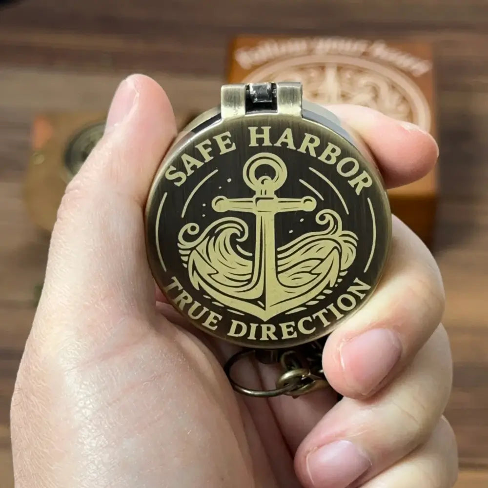 Personalized Anniversary Gift Brass Compass with Anchor Design – Engraved "Safe Harbor", Romantic Nautical Keepsake for Husband or Him
