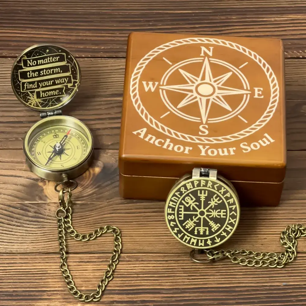 Personalized Viking Brass Compass Engraved with Vegvisir Rune – Norse Mythology Gift for Him, Dad, Custom Handwriting Keepsake