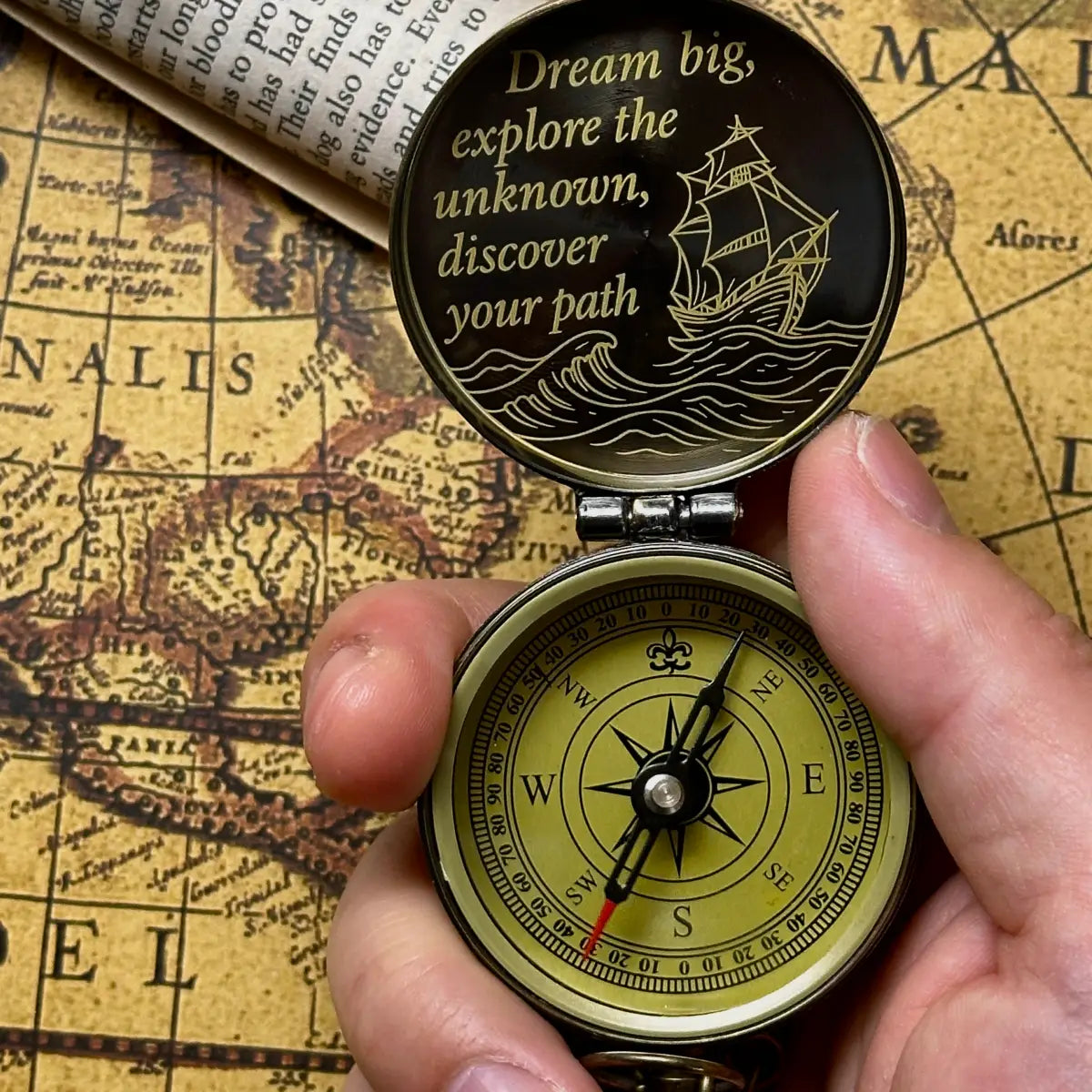 Vintage Map Engraved Compass | Graduation Gift for Son, Him | Traveler Gift | Personalized Retirement Gift | Custom Quote | Brass Working Compass