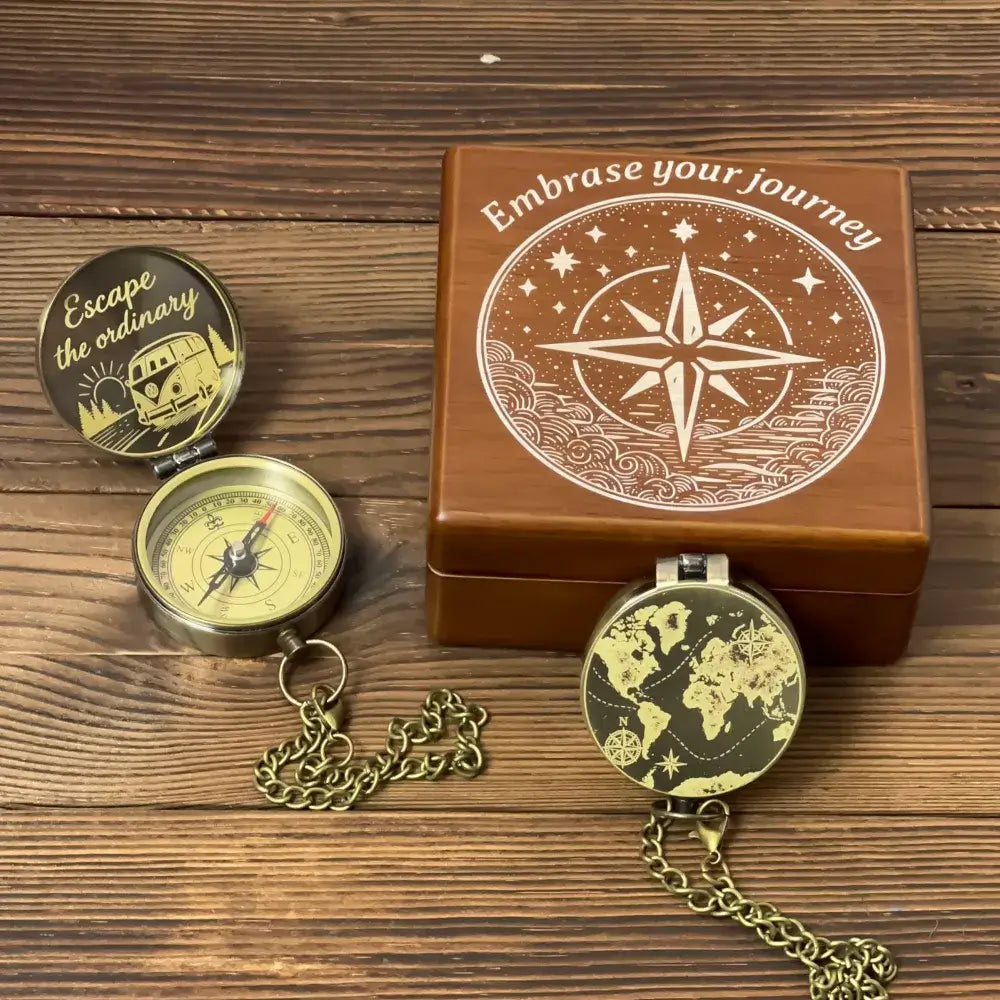 Engraved Traveler Brass Compass with Vintage World Map – Personalized Graduation or Retirement Gift for Son, Him, Custom Quote Working Keepsake