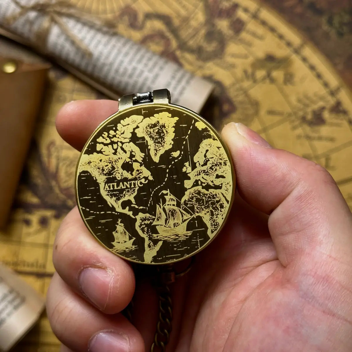 Vintage World Map Engraved Compass | Nautical Ship Gift for Him, Dad | Personalized Retirement Gift | Old World | Brass Working Compass
