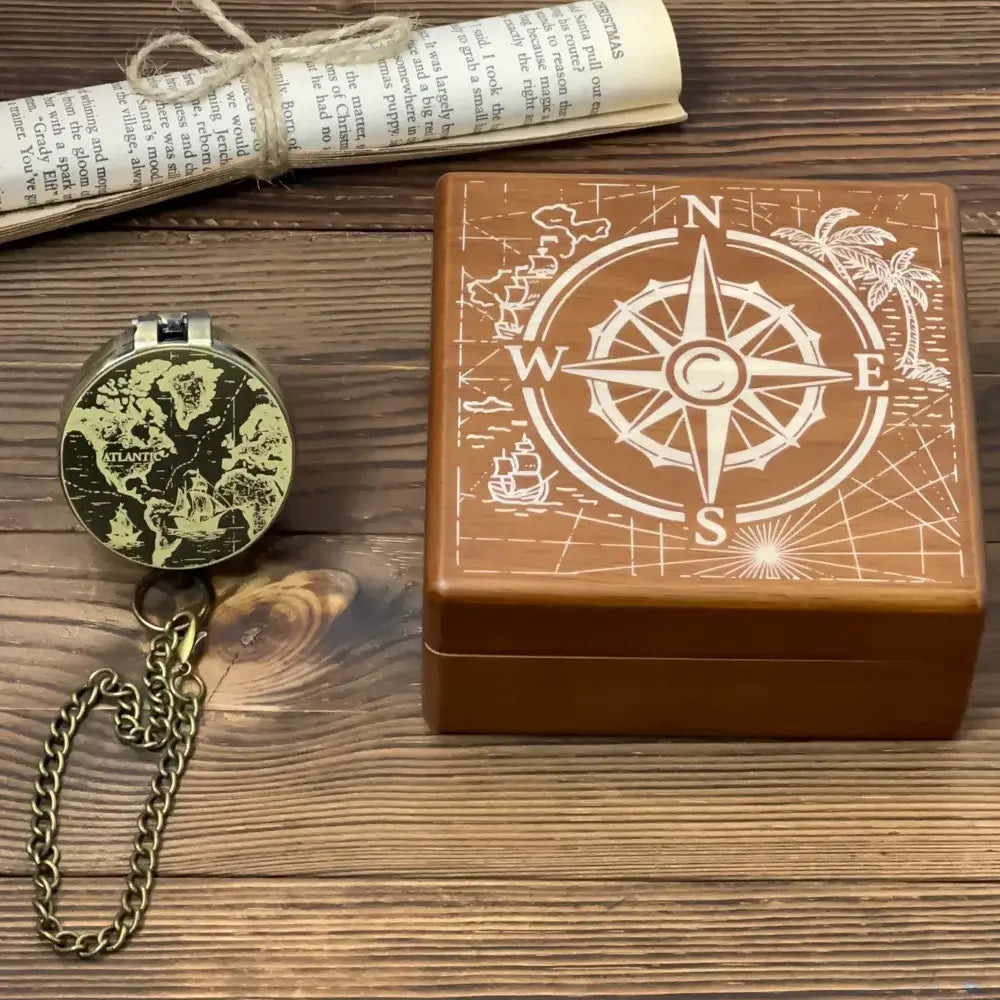 Personalized Retirement Gift Brass Compass with Vintage World Map – Engraved Nautical Ship Design, Father's Day Gift for Dad, Old World Keepsake