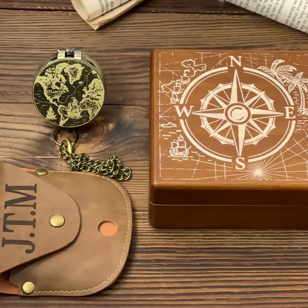 Personalized Retirement Gift Brass Compass with Vintage World Map – Engraved Nautical Ship Design, Father's Day Gift for Dad, Old World Keepsake