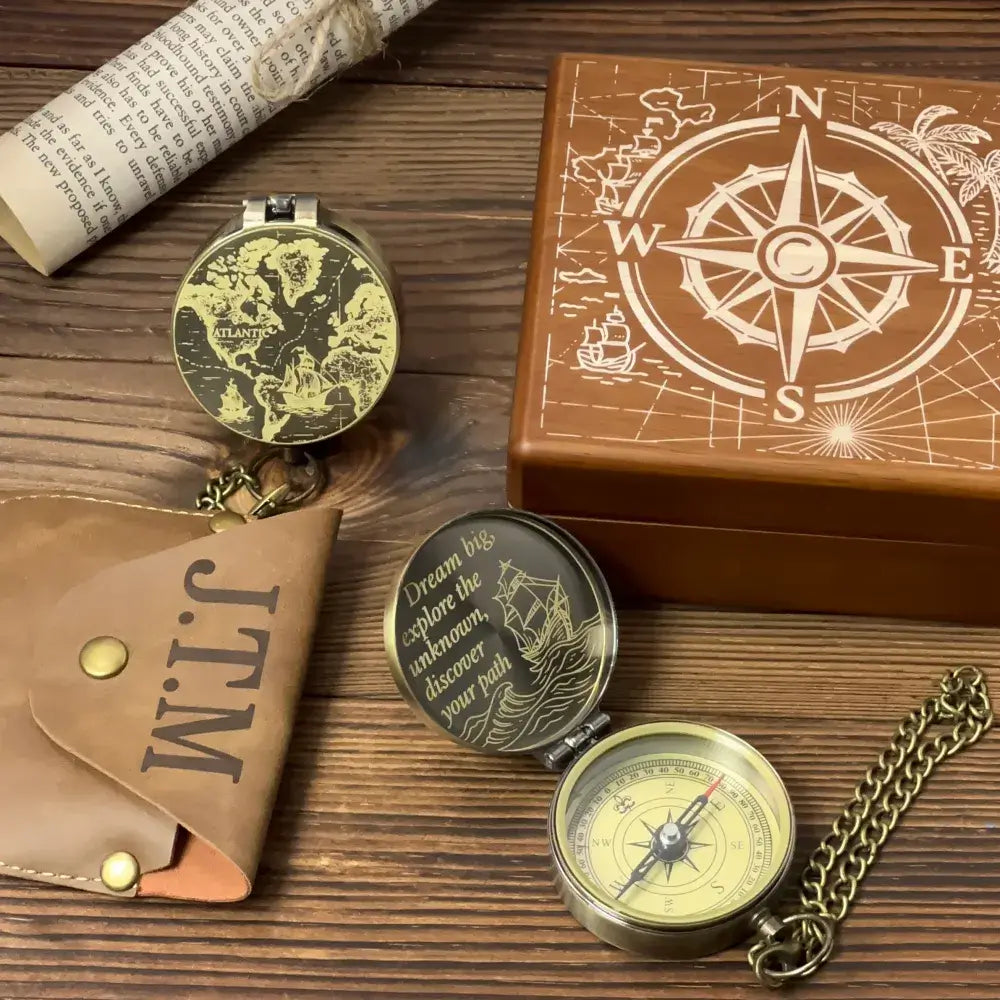 Personalized Retirement Gift Brass Compass with Vintage World Map – Engraved Nautical Ship Design, Father's Day Gift for Dad, Old World Keepsake