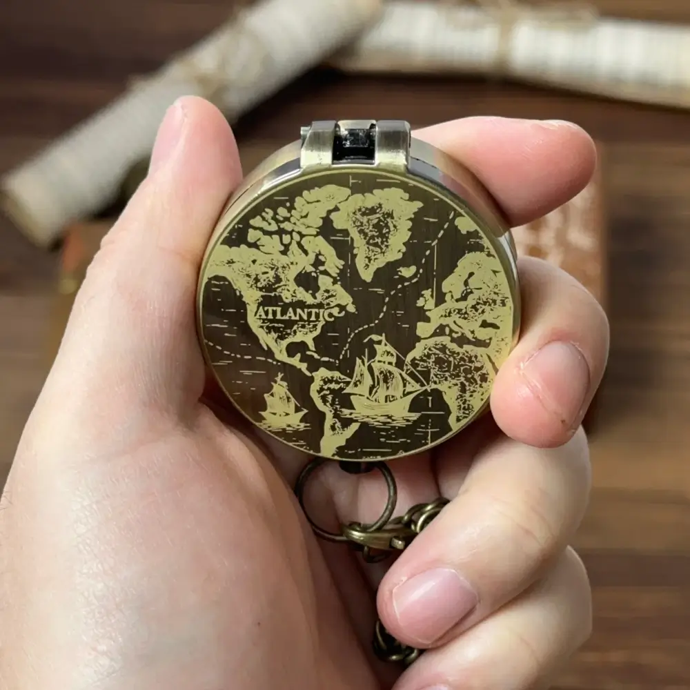 Personalized Retirement Gift Brass Compass with Vintage World Map – Engraved Nautical Ship Design, Father's Day Gift for Dad, Old World Keepsake