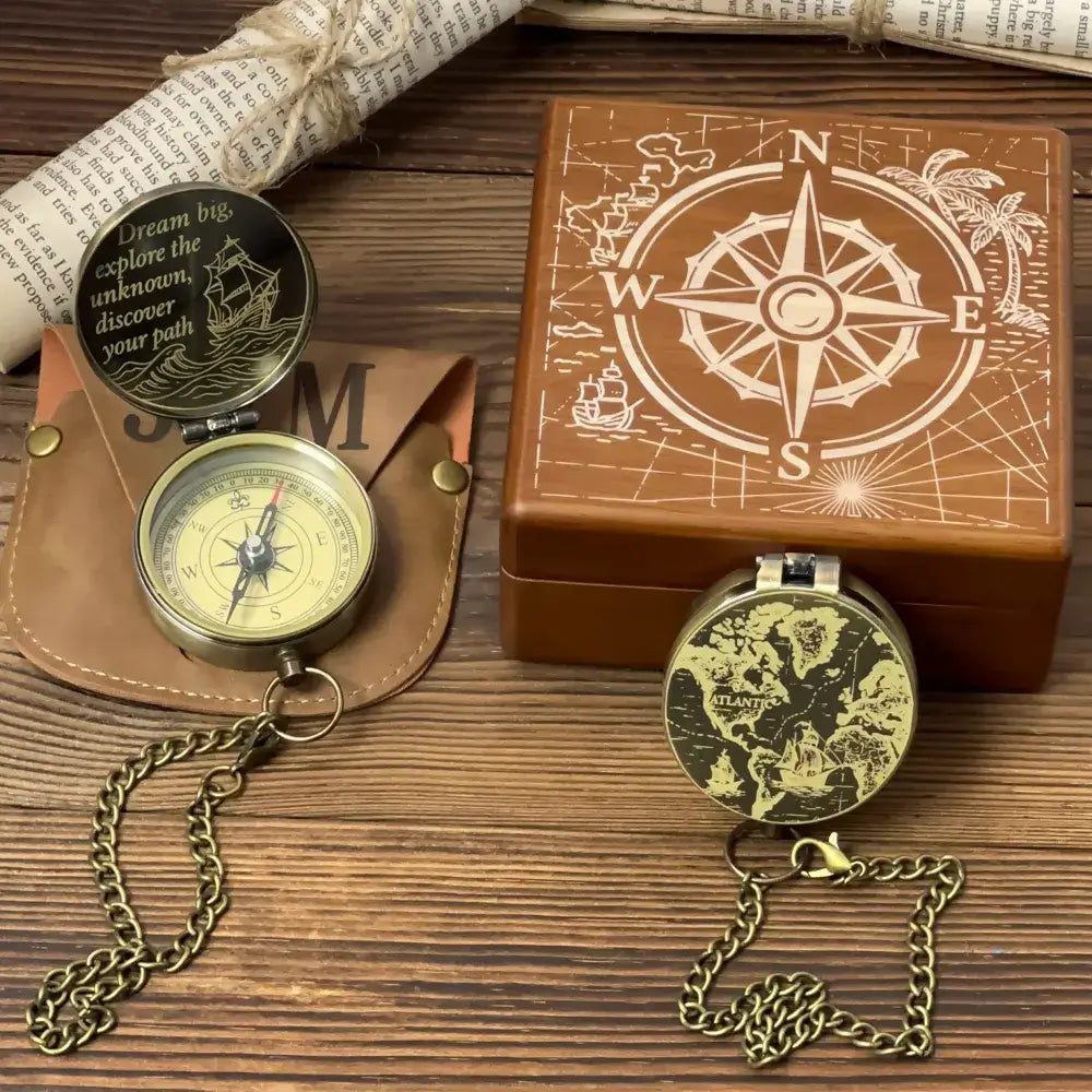 Personalized Retirement Gift Brass Compass with Vintage World Map – Engraved Nautical Ship Design, Father's Day Gift for Dad, Old World Keepsake