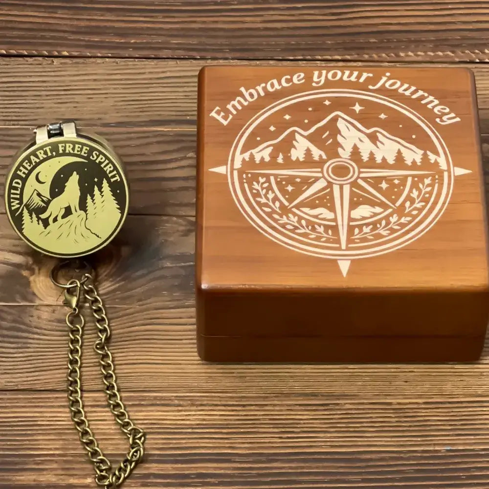 Personalized Hiking Brass Compass with Wolf Design – Engraved "Wild Heart, Free Spirit", Mountain Adventurer Gift for Him, Custom Handwriting Keepsake