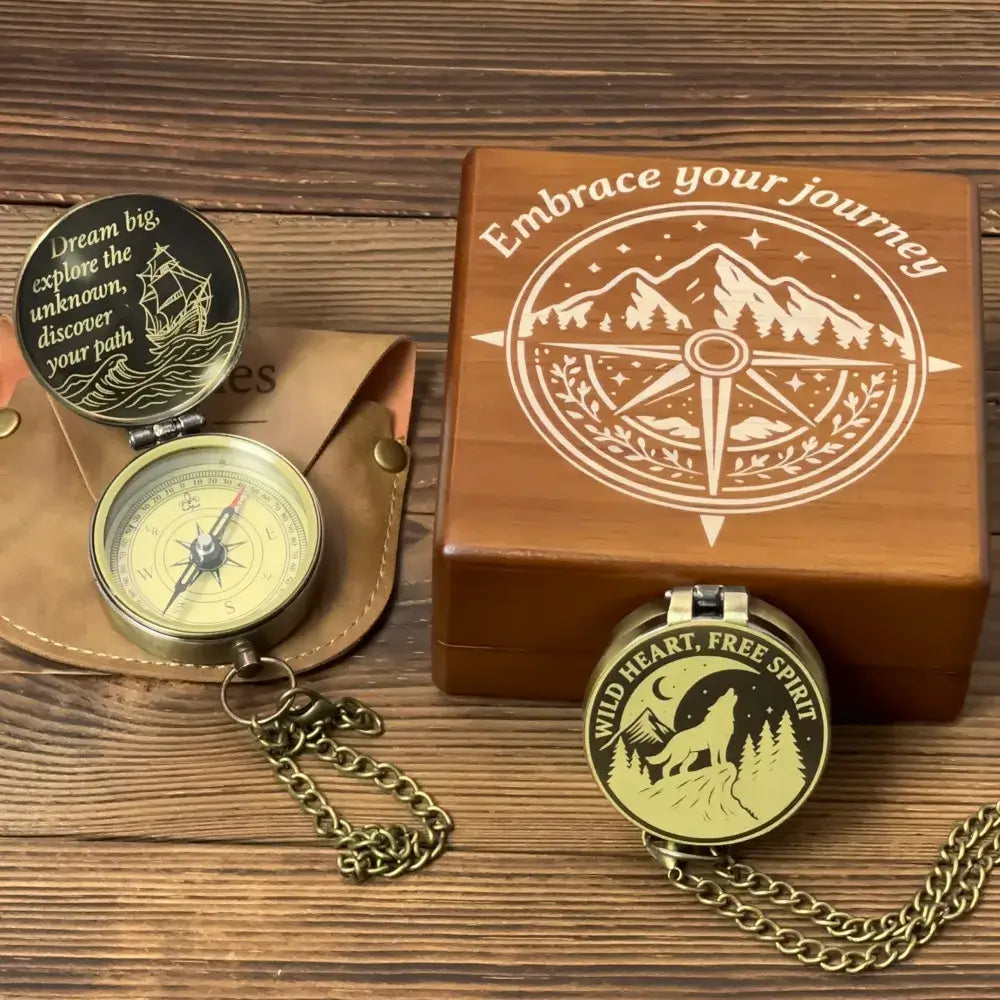 Personalized Hiking Brass Compass with Wolf Design – Engraved "Wild Heart, Free Spirit", Mountain Adventurer Gift for Him, Custom Handwriting Keepsake