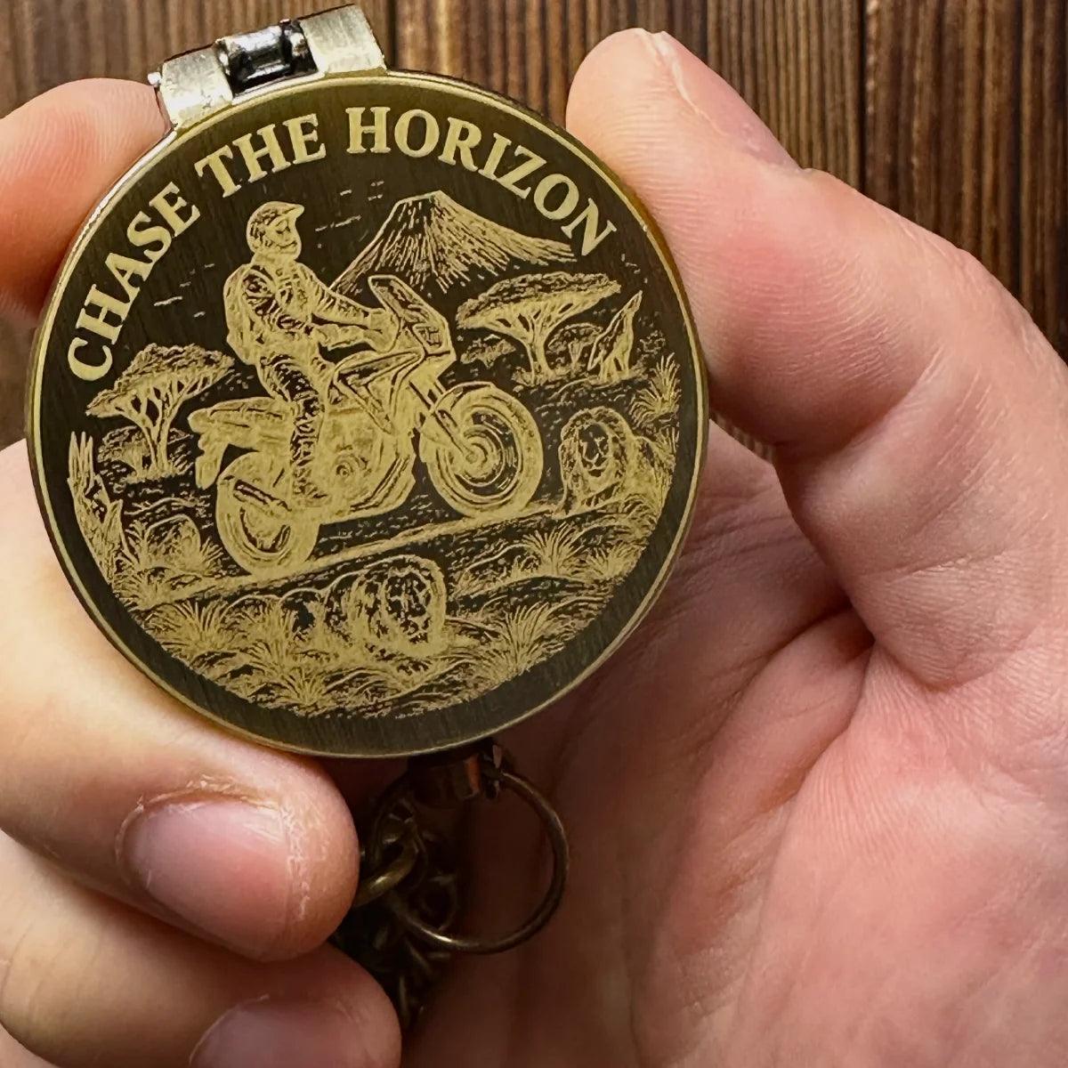 Engraved Adventure Motorcycle Brass Compass – "Chase The Horizon" Traveler Gift for Him, Personalized Keepsake with Custom Photo