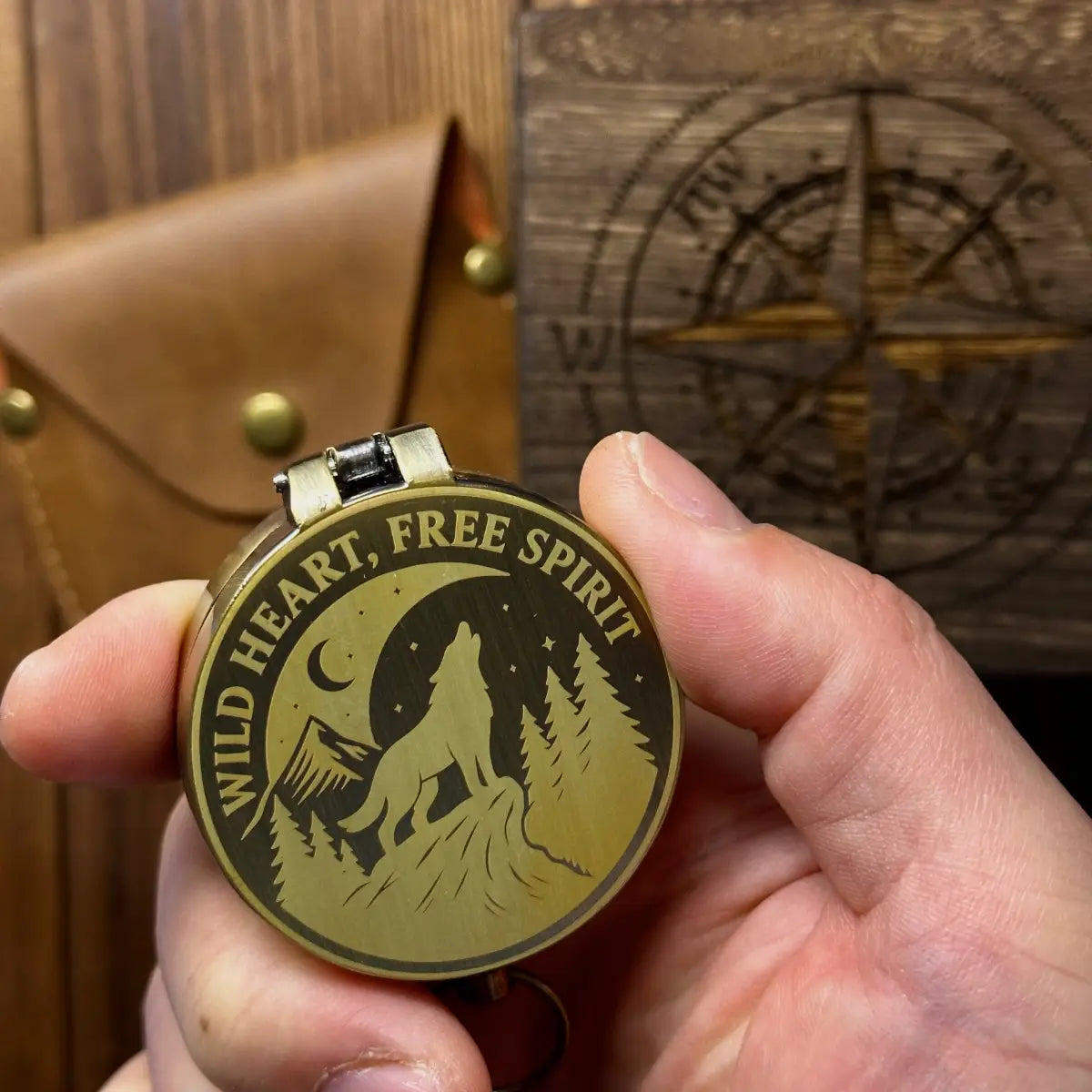 Wolf Engraved Compass "Wild Heart, Free Spirit" | Hiking Gift for Him, Adventurer | Personalized Mountain | Custom Photo | Brass Working Compass