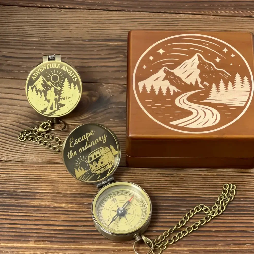 Personalized Graduation Gift Brass Compass for Hiker – Engraved Quote "Adventure Awaits", Retirement Gift for Son, Him, Custom Photo Keepsake