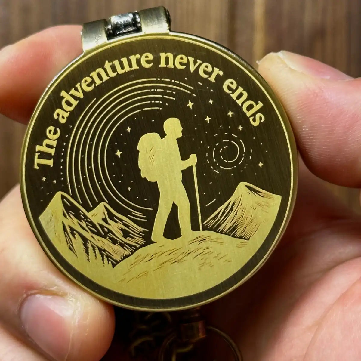 Engraved Retirement Gift Brass Compass for Hiker – Personalized Quote "The Adventure Never Ends", Gift for Dad, Him, Custom Photo Working Keepsake