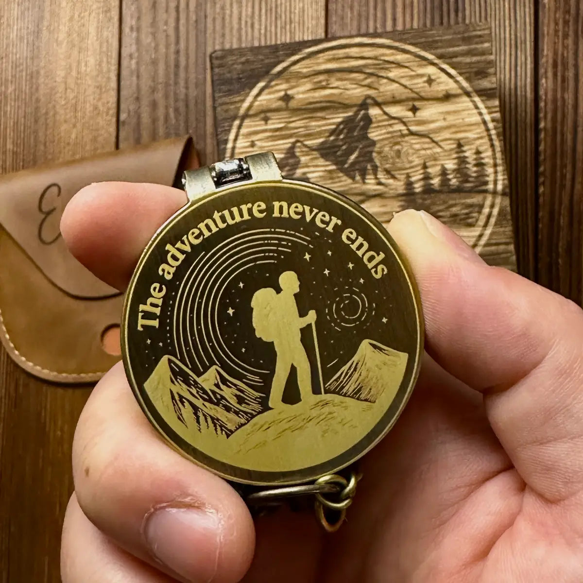 Engraved Retirement Gift Brass Compass for Hiker – Personalized Quote "The Adventure Never Ends", Gift for Dad, Him, Custom Photo Working Keepsake