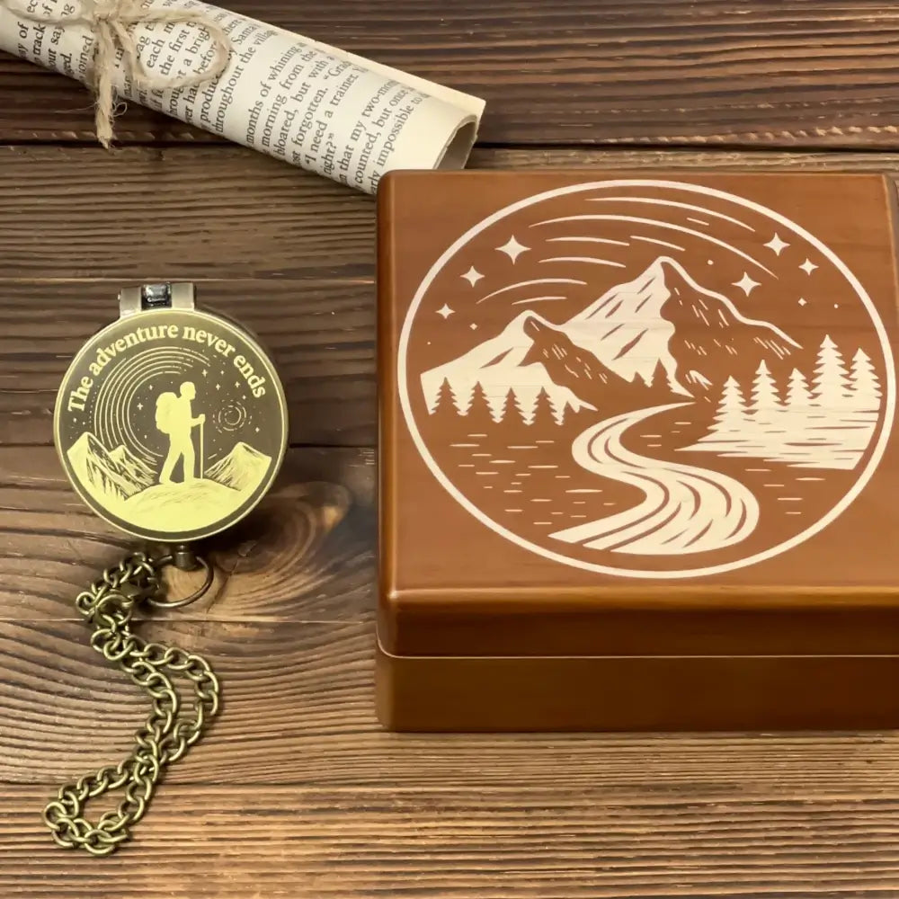 Engraved Retirement Gift Brass Compass for Hiker – Personalized Quote "The Adventure Never Ends", Gift for Dad, Him, Custom Photo Working Keepsake