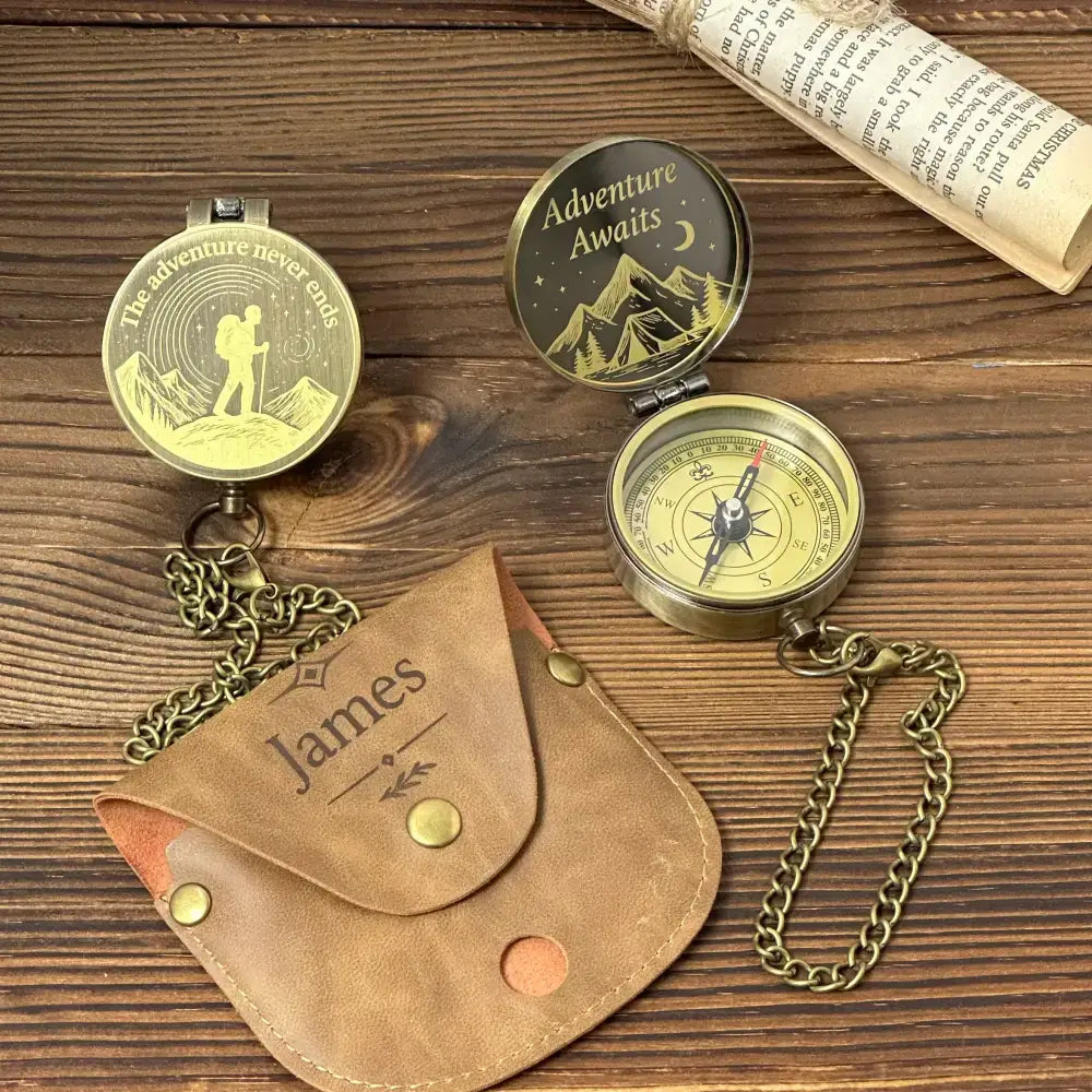 Engraved Retirement Gift Brass Compass for Hiker – Personalized Quote "The Adventure Never Ends", Gift for Dad, Him, Custom Photo Working Keepsake