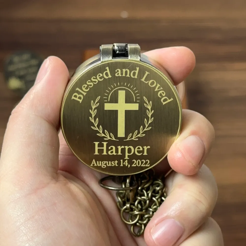 Engraved Christian Compass with Cross Design – "Blessed and Loved", Graduation or Baptism Gift for Son or Godson, Personalized Keepsake with Name