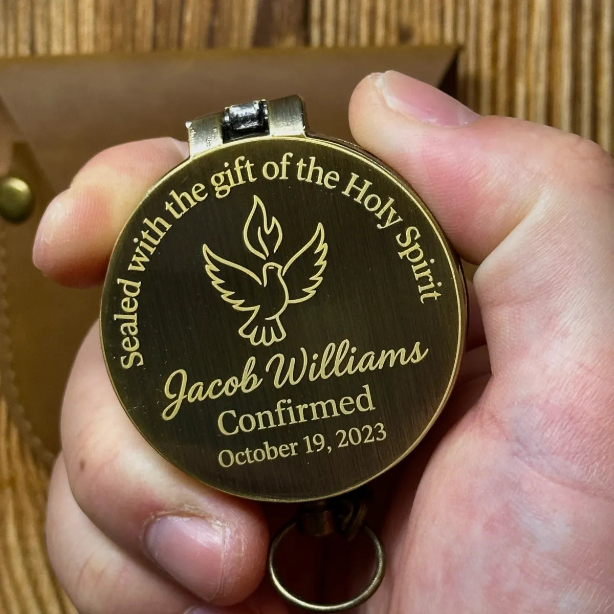 Confirmation Gift Engraved Compass with Holy Spirit Dove – Personalized Catholic Keepsake for Godson or Goddaughter, Custom Name & Date