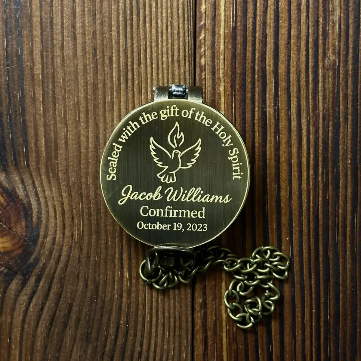 Confirmation Gift Engraved Compass with Holy Spirit Dove – Personalized Catholic Keepsake for Godson or Goddaughter, Custom Name & Date