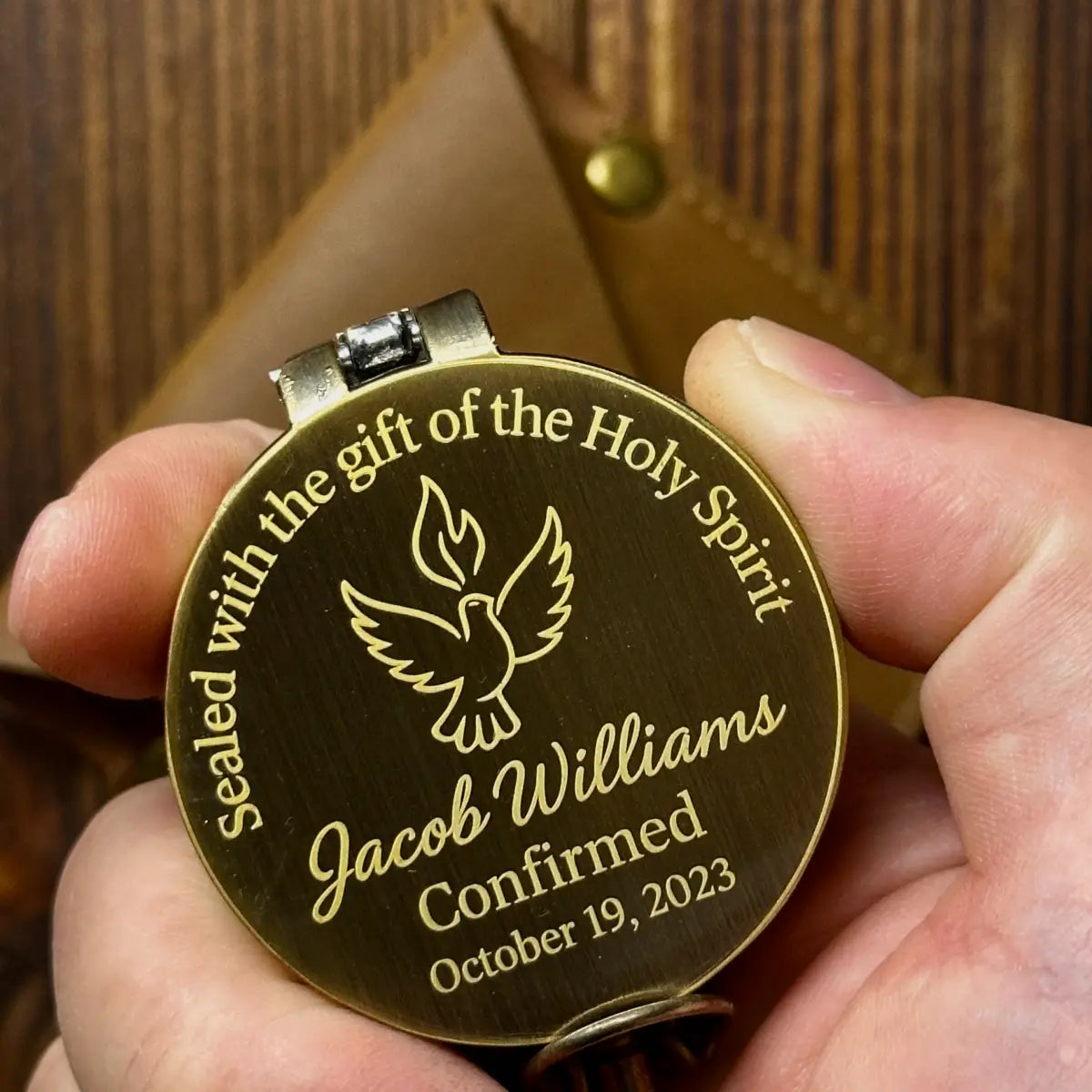 Confirmation Gift Engraved Compass with Holy Spirit Dove – Personalized Catholic Keepsake for Godson or Goddaughter, Custom Name & Date