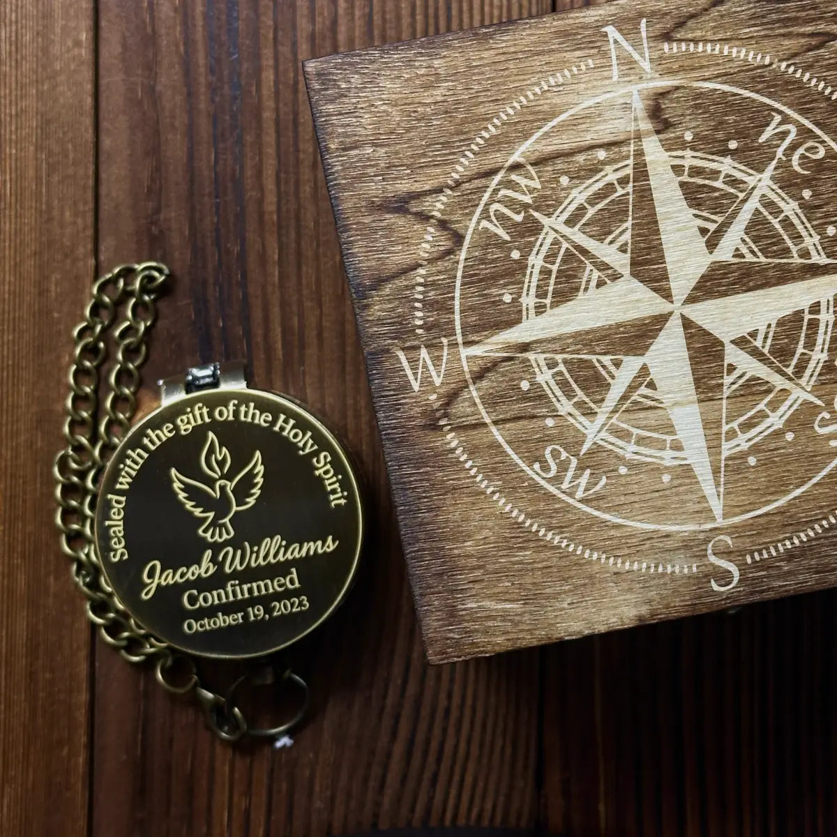 Confirmation Gift Engraved Compass with Holy Spirit Dove – Personalized Catholic Keepsake for Godson or Goddaughter, Custom Name & Date