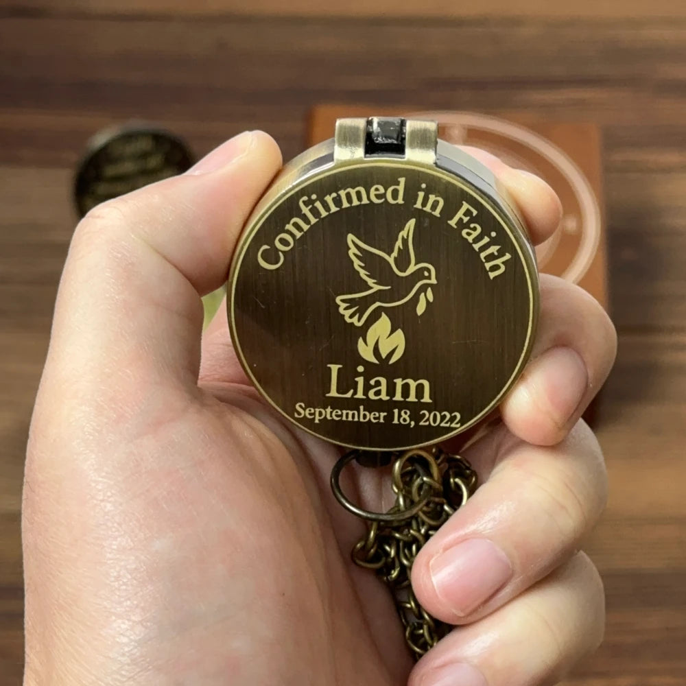 Personalized Confirmation Gift Compass with Dove Design – Engraved "Confirmed in Faith", Christian Keepsake for Boy or Girl, Custom Name & Date