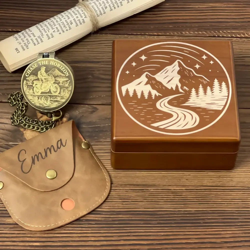 Engraved Adventure Motorcycle Brass Compass – "Chase The Horizon" Traveler Gift for Him, Personalized Keepsake with Custom Photo