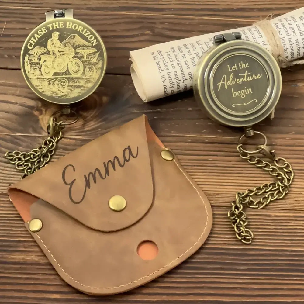 Engraved Adventure Motorcycle Brass Compass – "Chase The Horizon" Traveler Gift for Him, Personalized Keepsake with Custom Photo