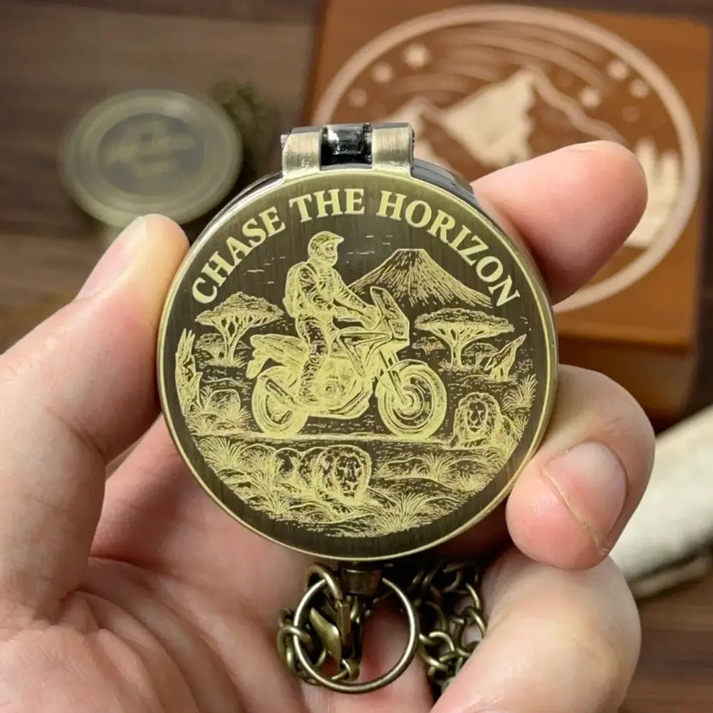 Engraved Adventure Motorcycle Brass Compass – "Chase The Horizon" Traveler Gift for Him, Personalized Keepsake with Custom Photo
