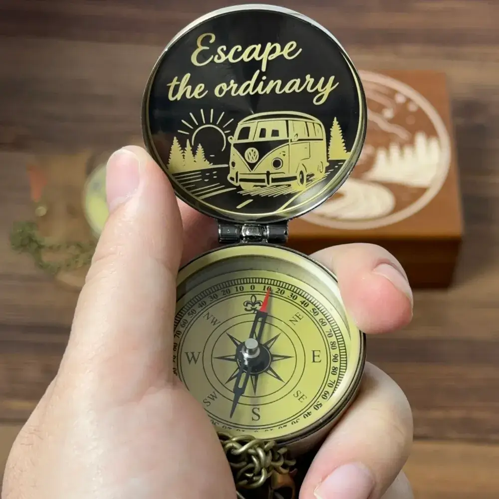 Adventure Gift Engraved Compass "Escape the Ordinary" VW Bus Design – Personalized Traveler Gift for Him, Retirement Keepsake