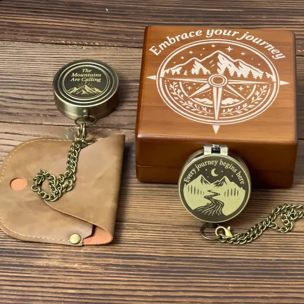 Inspirational Personalized Brass Compass with Mountain River Design – Engraved "Every Journey Begins Here", Unique Graduation or Retirement Gift for Him, Keepsake