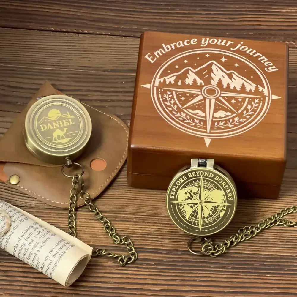 Engraved World Map Brass Compass for Travelers – "Explore Beyond Borders", Personalized Graduation or Retirement Gift for Him, Keepsake
