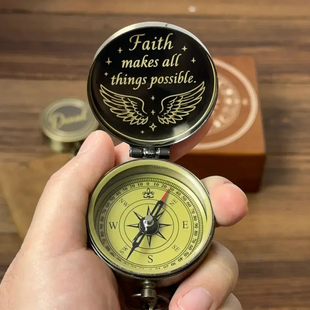 Christian Gift Personalized Compass Engraved "Faith Makes All Things Possible" – Wings Design, Inspirational Keepsake for Baptism, Confirmation