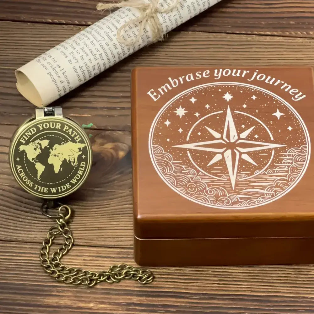 Graduation Gift Personalized Brass Compass with World Map – Engraved "Find Your Path", Unique Traveler Gift for Son or Him, Custom Quote Keepsake