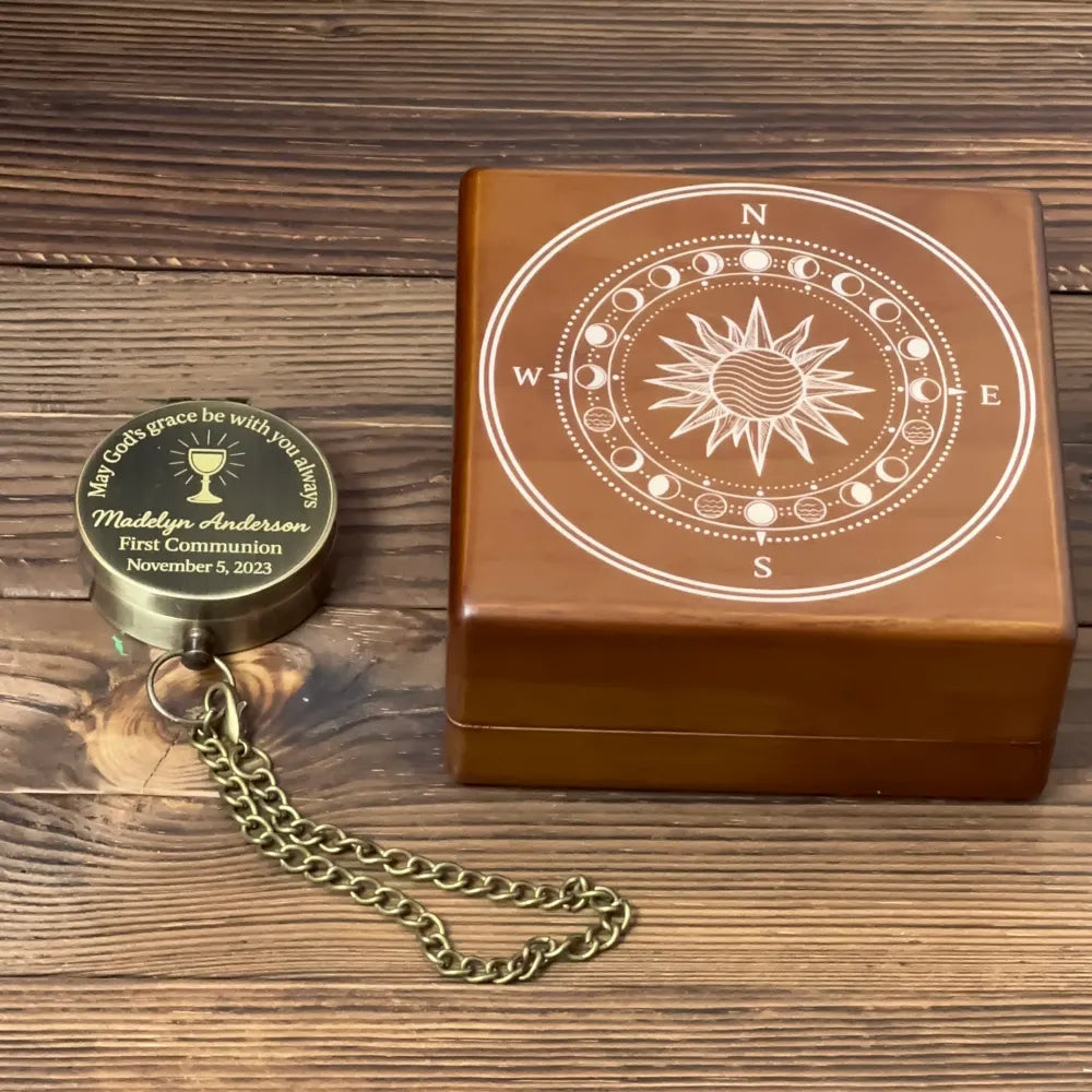 Engraved First Communion Gift Compass with Chalice Design – "May God's Grace", Personalized Catholic Keepsake for Goddaughter or Godson, Name & Date