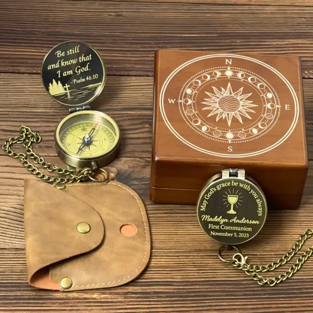 Engraved First Communion Gift Compass with Chalice Design – "May God's Grace", Personalized Catholic Keepsake for Goddaughter or Godson, Name & Date