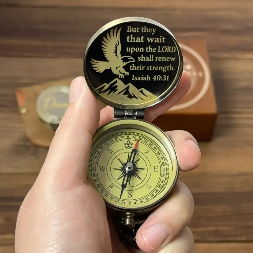 Christian Gift Engraved Compass with Bible Verse Isaiah 40:31 – Eagle Design "Renew Strength", Personalized Faith Keepsake for Men, Son