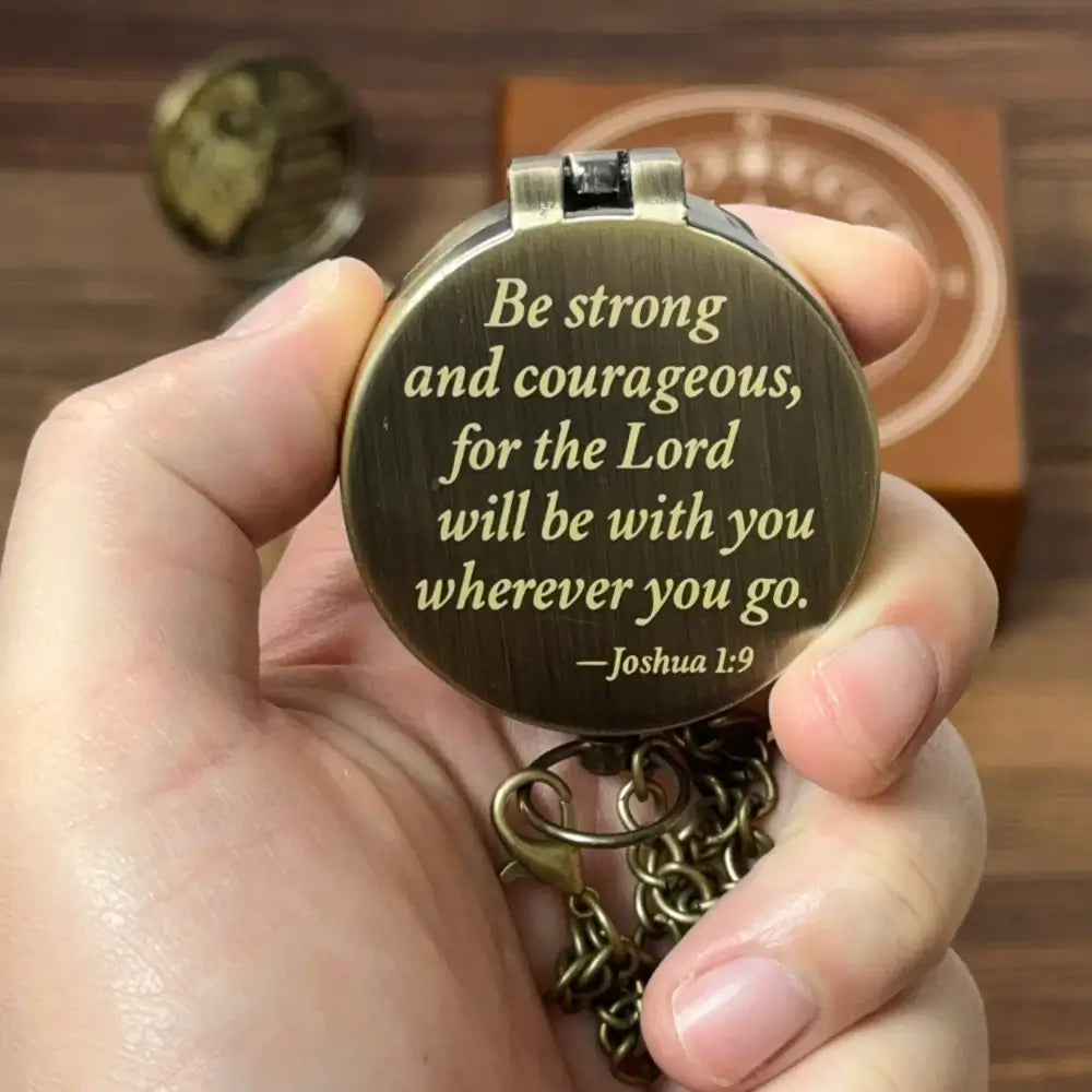 Christian Engraved Compass with Bible Verse Joshua 1:9 – "Be Strong and Courageous", Graduation Gift for Son, Personalized Faith Keepsake with Handwriting