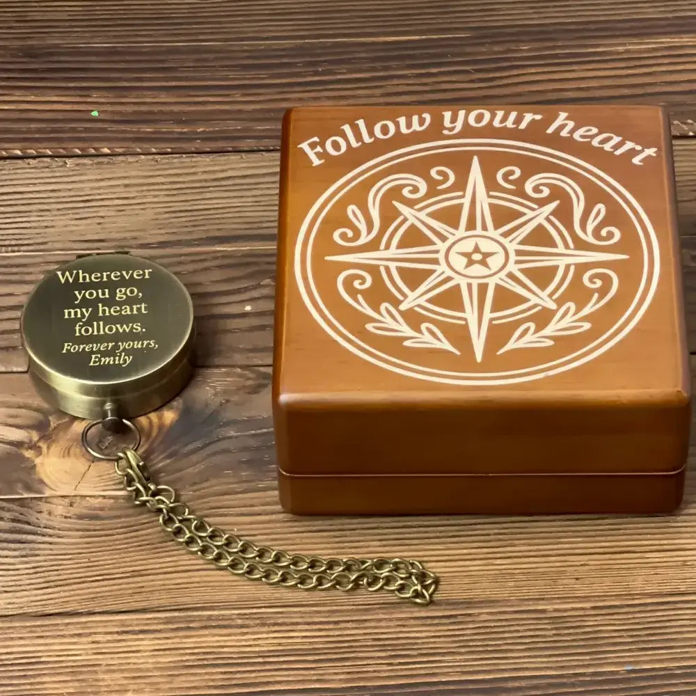 Romantic Engraved Compass for Anniversary – Personalized Quote "My Heart Follows", Valentine's Day Gift for Him or Husband, Custom Handwriting Keepsake