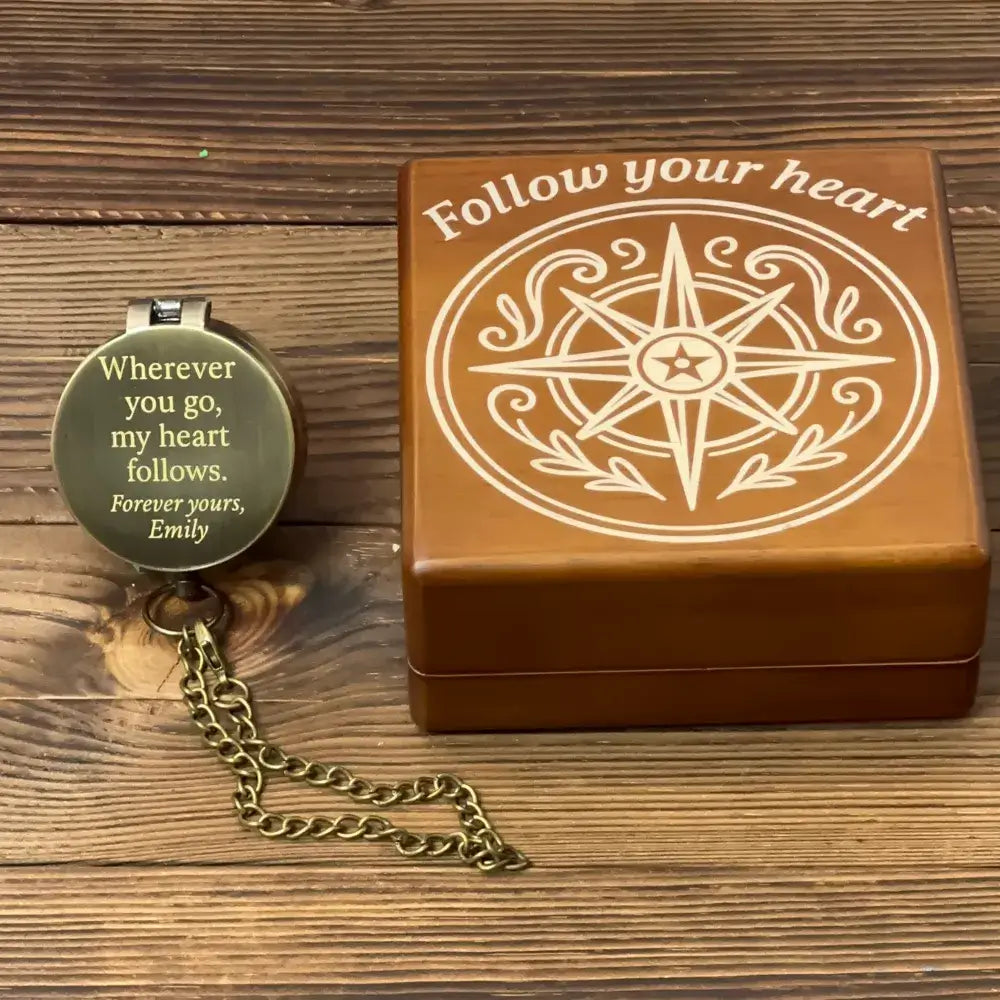 Romantic Engraved Compass for Anniversary – Personalized Quote "My Heart Follows", Valentine's Day Gift for Him or Husband, Custom Handwriting Keepsake