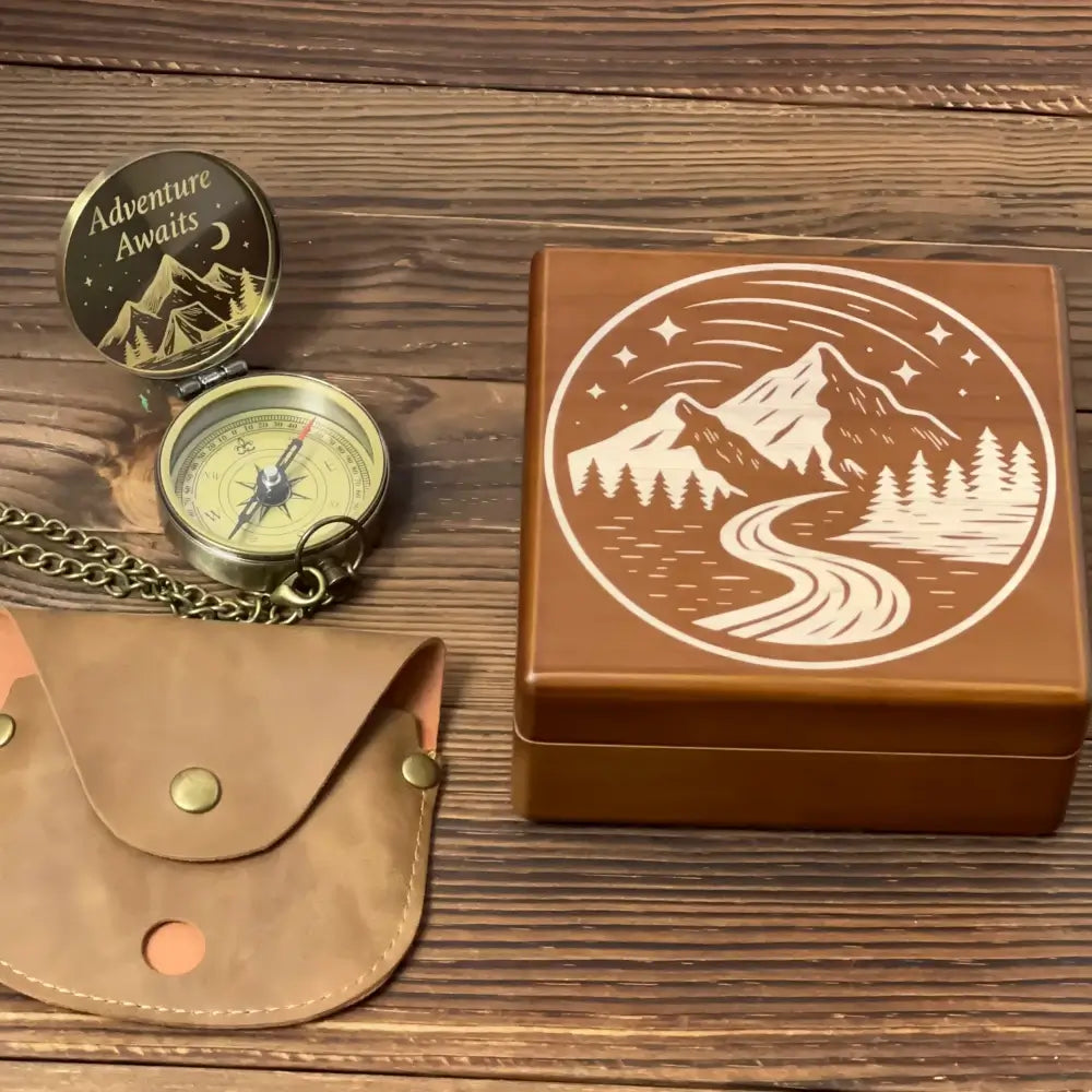 Graduation Gift Personalized Brass Compass Engraved "Adventure Awaits" – Mountain Design, Retirement Gift for Him, Hiker Keepsake