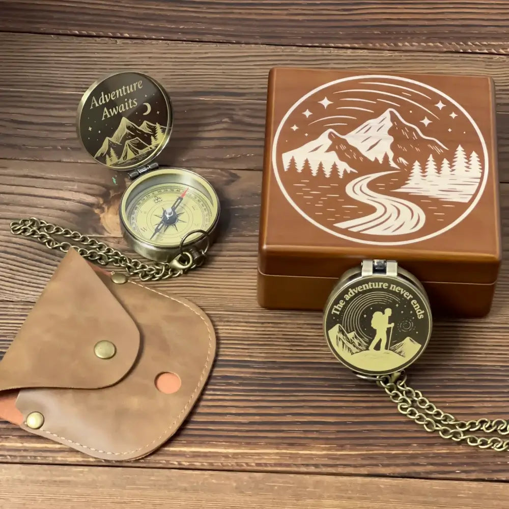 Graduation Gift Personalized Brass Compass Engraved "Adventure Awaits" – Mountain Design, Retirement Gift for Him, Hiker Keepsake