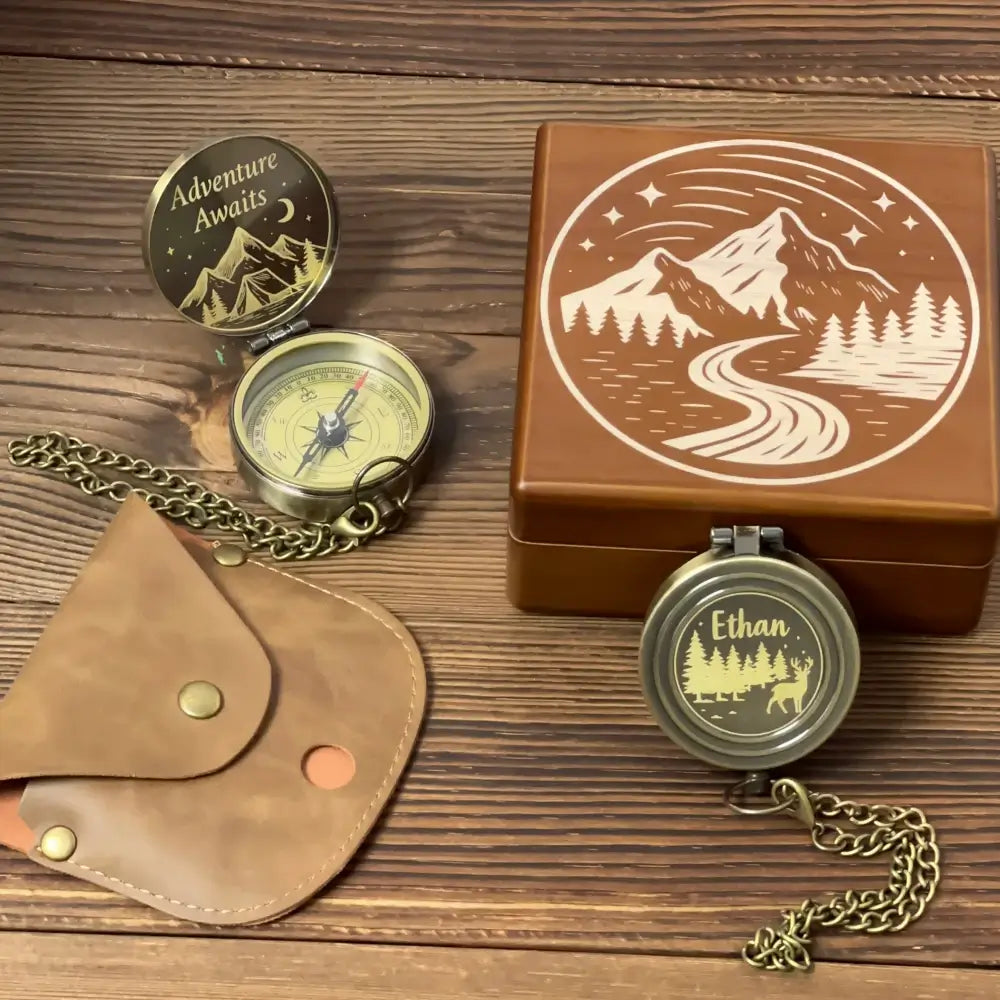 Graduation Gift Personalized Brass Compass Engraved "Adventure Awaits" – Mountain Design, Retirement Gift for Him, Hiker Keepsake