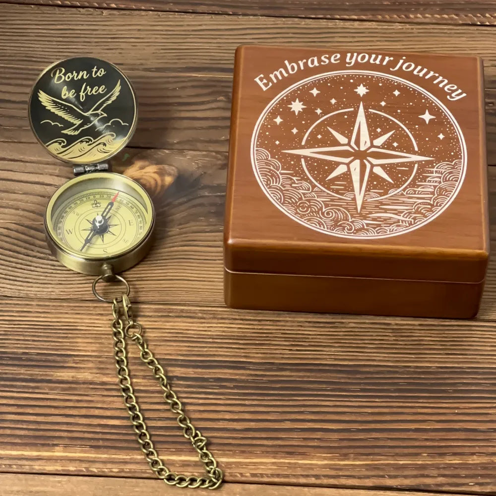 Inspirational Gift Personalized Compass Engraved "Born To Be Free" – Bird Design, Graduation or Retirement Gift for Adventurer, Him