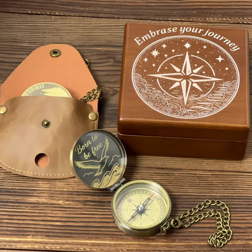 Inspirational Gift Personalized Compass Engraved "Born To Be Free" – Bird Design, Graduation or Retirement Gift for Adventurer, Him