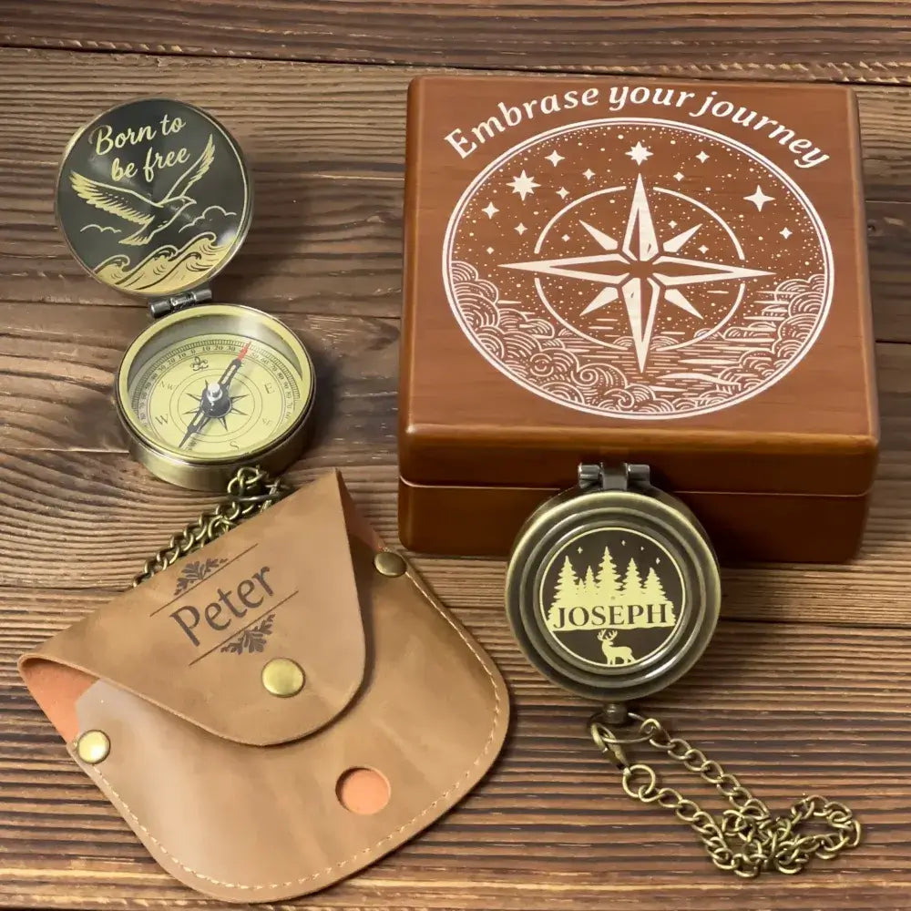 Inspirational Gift Personalized Compass Engraved "Born To Be Free" – Bird Design, Graduation or Retirement Gift for Adventurer, Him